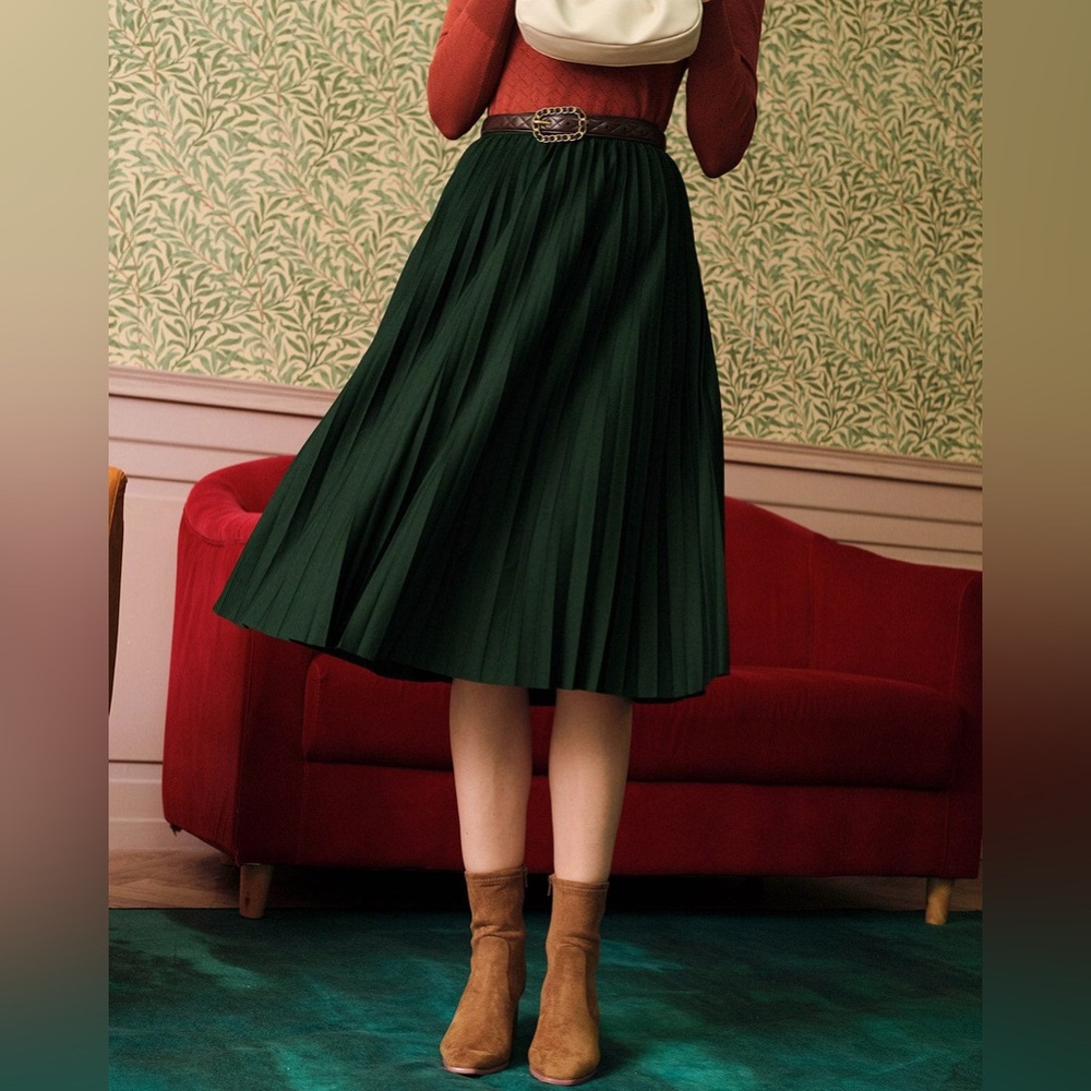 RIHOAS Green Pleated Midi Skirt with Elastic Waist